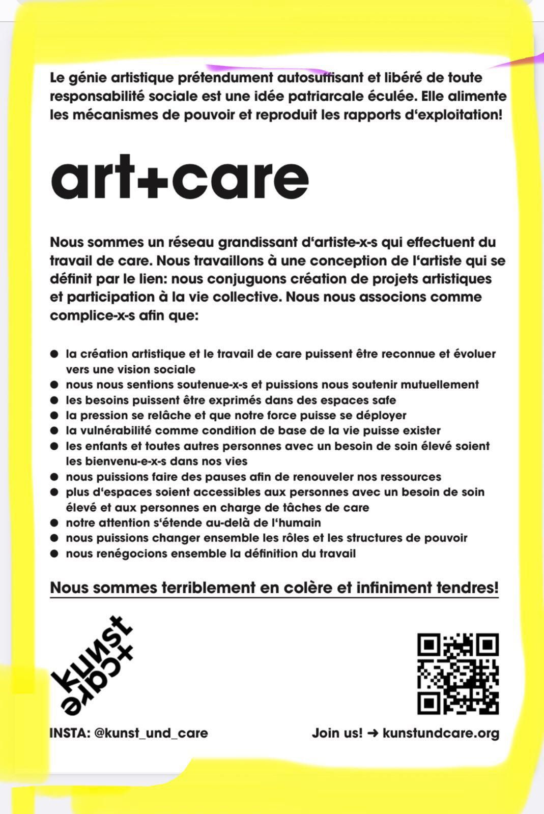 © art+care – Pamphlet manifeste de art+care, avec les différentes revendications du groupe