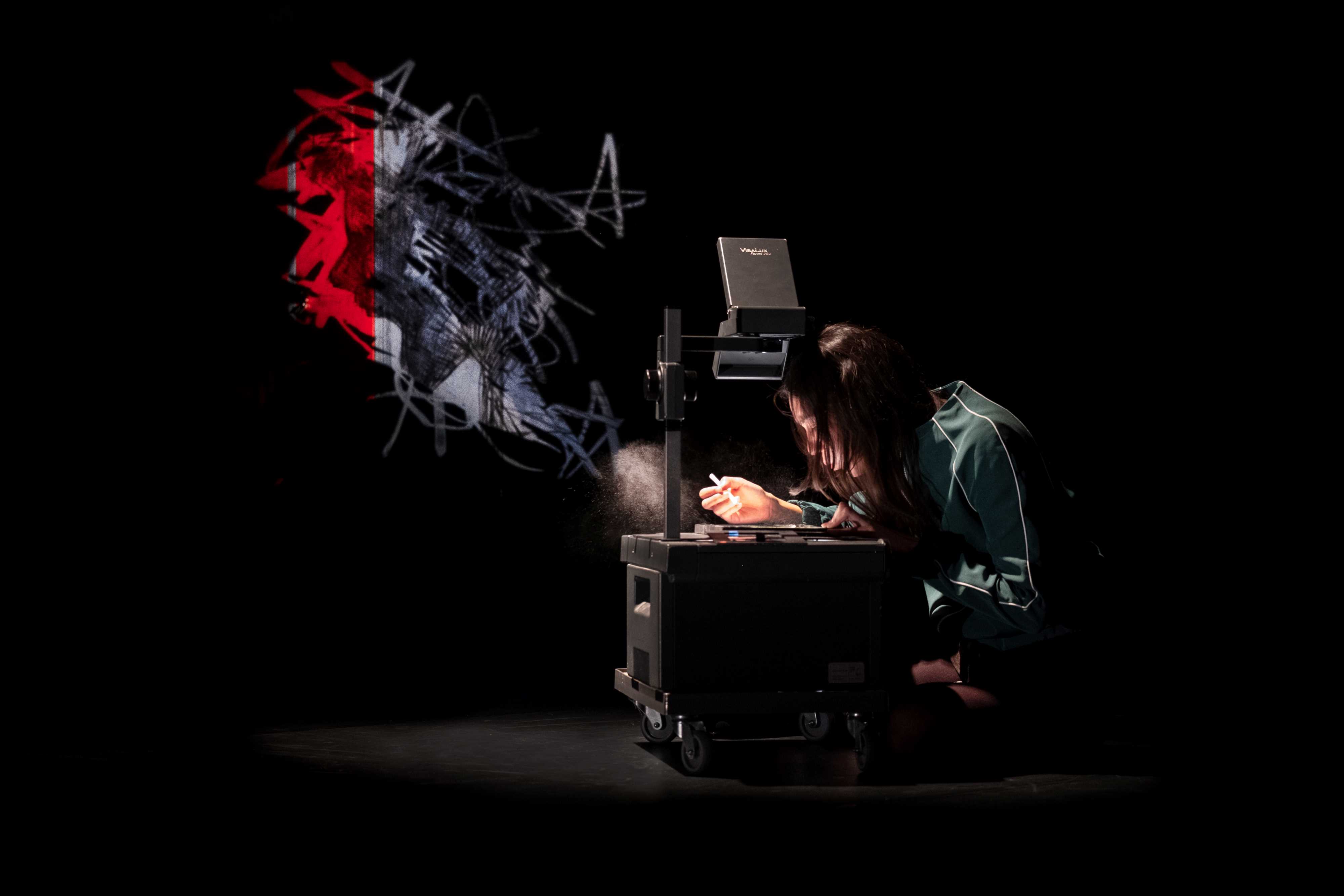 © Aurélia Thys – Le rétroprojecteur, élément scénographique central de Siss et Unn et référence scolaire propre à bien des époques